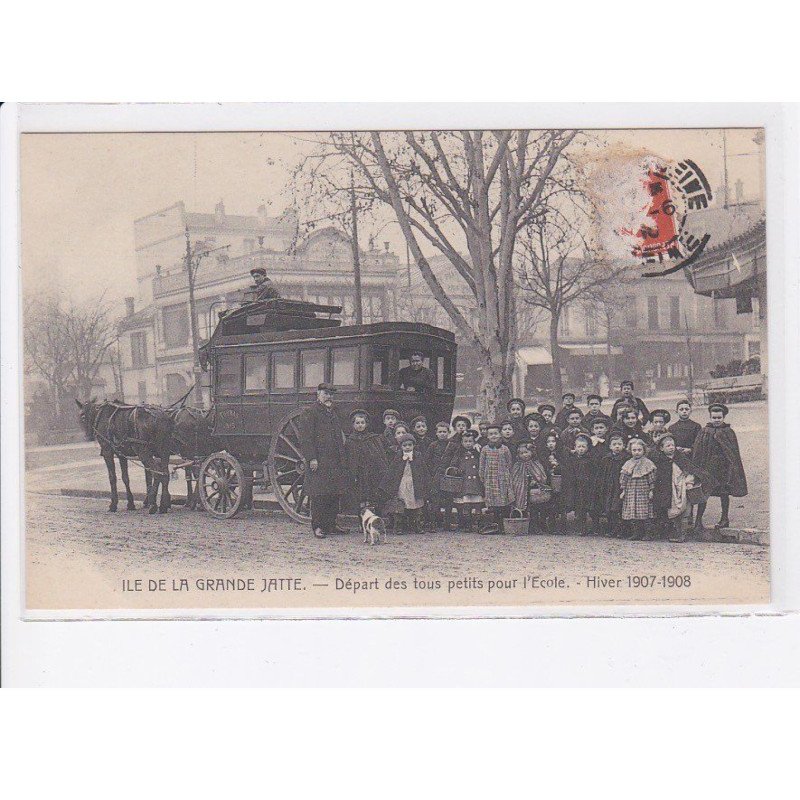 NEUILLY-sur-SEINE: ile de la grande jatte, départ des tous petits pour l'école hiver 1907-1908 attelage - état