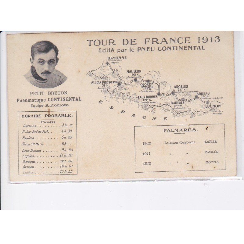 SPORTS: cyclisme, tour de france 1913, édité par le pneu continental, petit breton, équipe automoto - très bon état