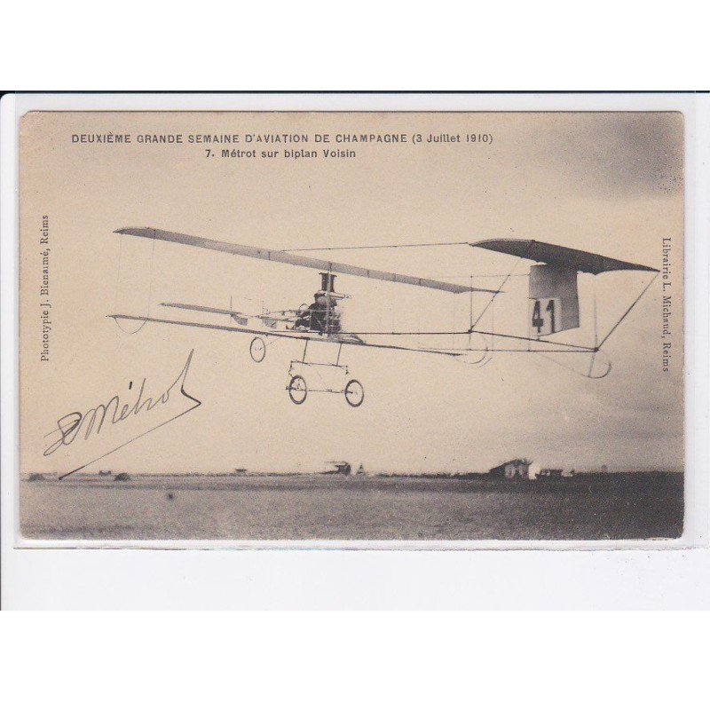AVIATION: AUTOGRAPHE: deuxième semaine aviation 1910, Métrot sur biplan voisin - état