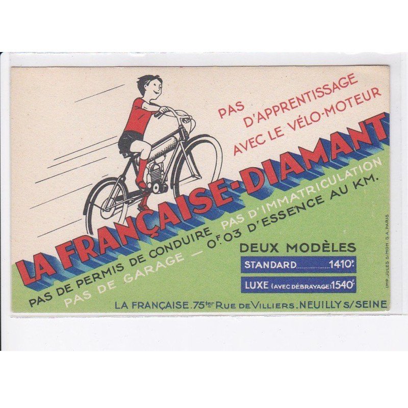 NEUILLY-sur-SEINE: publicité moto, la française-diamant, pas d'apprentissage avec le vélo-moteur - très bon état