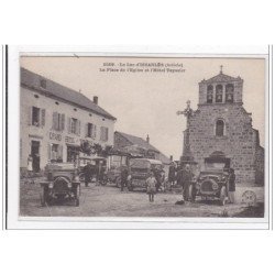 ISSARLES : le lac d'issarles, la place et l'eglise et l'hotel teyssier, grand hotel, autobus - tres bon etat