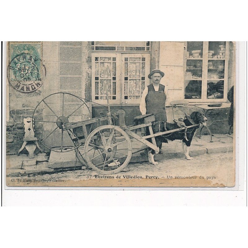 Environs de VILLEDIEU - PERCY - Un rémouleur du pays - VOITURE A CHIEN - état (traces)