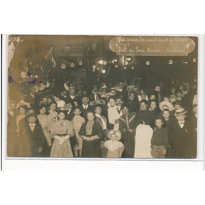 COURBEVOIE - CARTE PHOTO - Vue prise la nuit du 14 Juillet 1908 BAL DU PONT BINEAU - très bon état