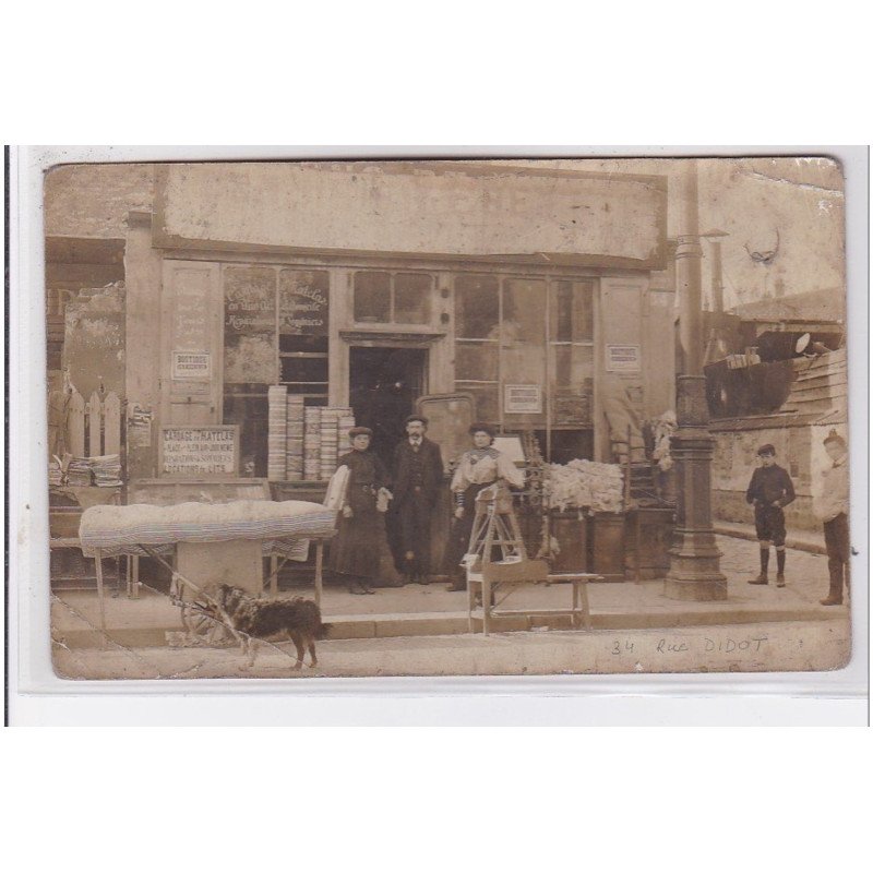 PARIS : carte photo d'un magasin de cardage de matelas (matelassiere) au 34 rue Didot (thème rare) - état PARIS : carte photo d'un magasin de cardage de matelas (matelassiere) au 34 rue Didot (thème rare) - état