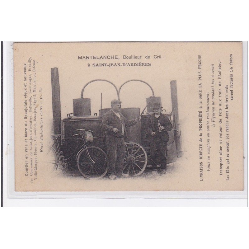 SAINT JEAN D'ARDIERES : carte postale publicitaire pour le bouilleur de crû MARTELANCHE - très bon état