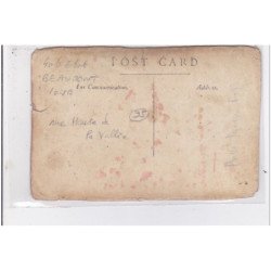 BEAUMONT : carte photo de la boucherie MARTIN - état (coupée et pliée - déchirure)