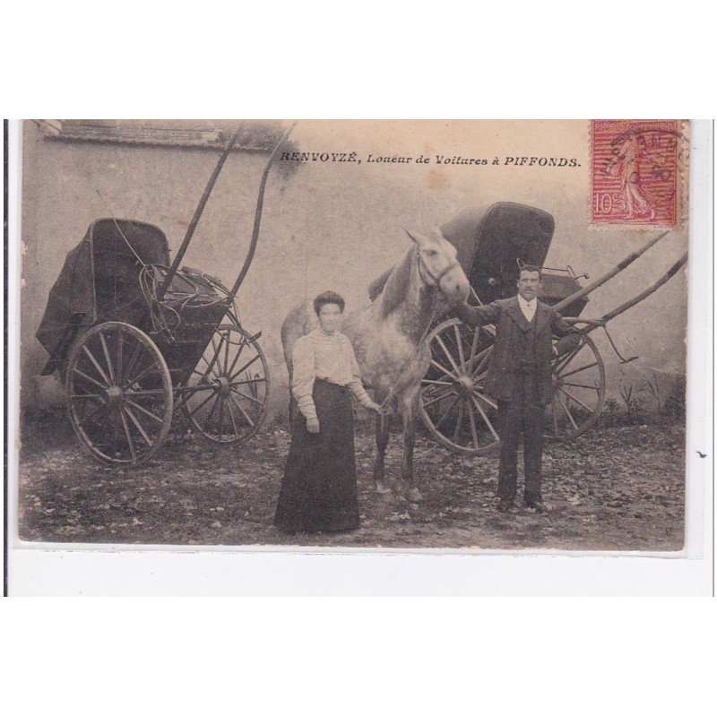 Carte postale publicitaire pour le loueur de voiture Renvoyzé à PIFFONDS (attelage - chevaux) - très bon état