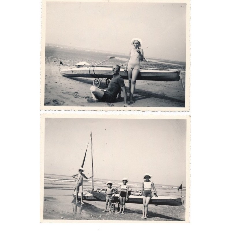 VILLERS-sur-MER : petit bateau à voille, personnages, plage (2photos) - tres bon etat
