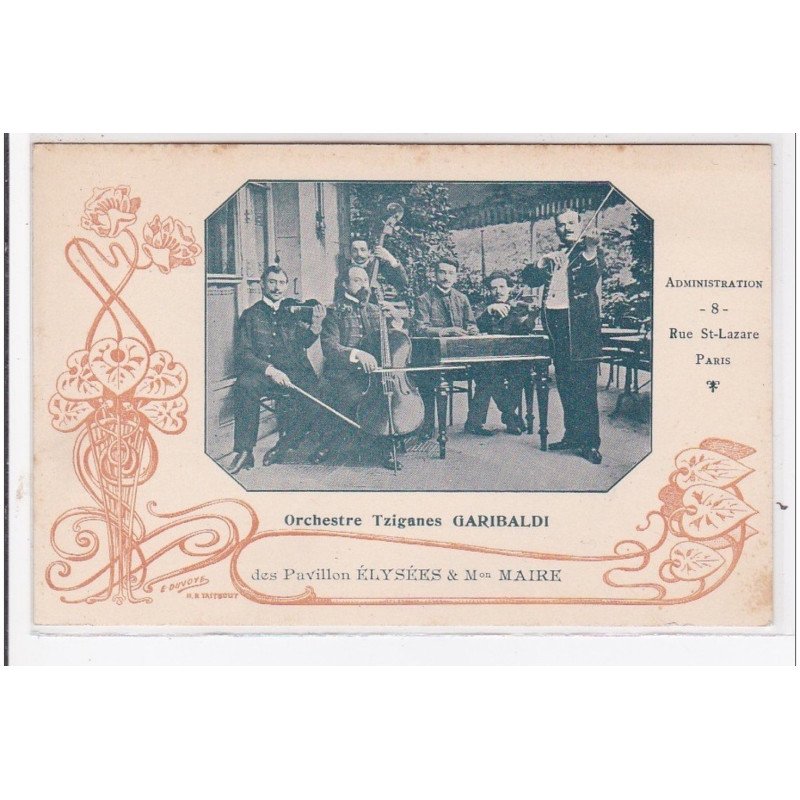 PARIS : carte publicitaire pour l'orchestre tziganes GARIBALDI (Tzigane) - bon état (traces)