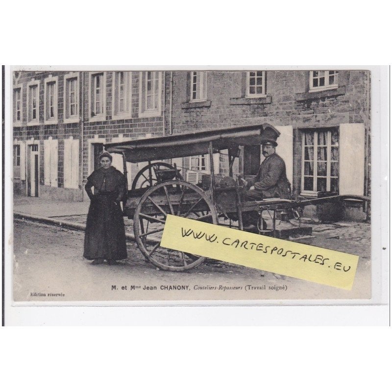 SAINT PIERRE EGLISE : carte publicitaire de Jean CHANONY - coutelier repasseur - remouleur - état ( légers plis)