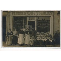 CARTE PHOTO A LOCALISER : paris(?) epicerie charcuterie beurres oeufs volailles - tres bon etat