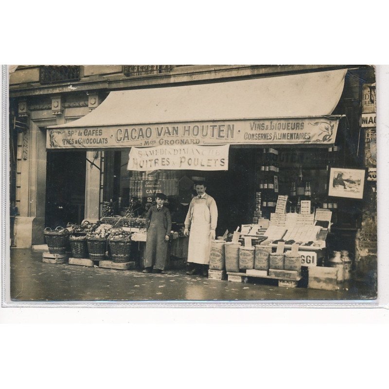 PARIS 14 ème : carte photo de l'épicerie Grognard cacao van houten (121 avenue du Maine) - etat