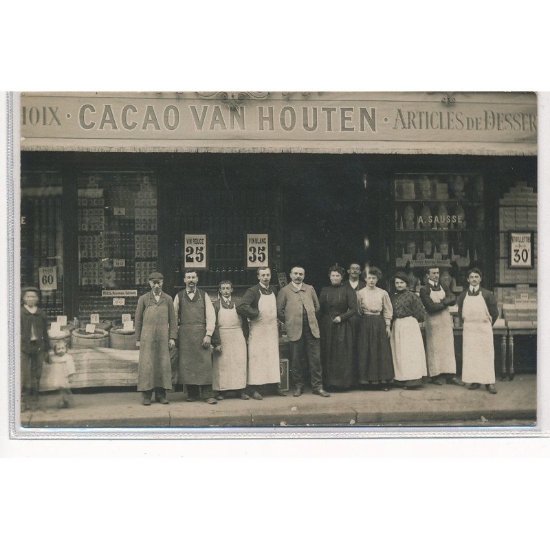 CARTE PHOTO A LOCALISER : paris(?) epicerie  a. sausse, cacao van houten, articles de dessert - tres bon etat