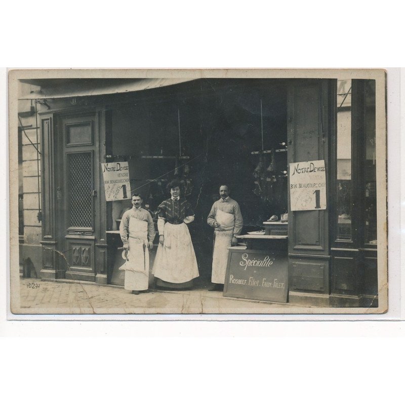 CARTE PHOTO A LOCALISER : paris(?) boucherie specialité rosebeef filet faux filet - etat