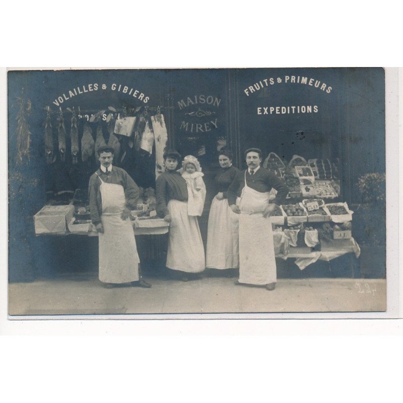 CARTE PHOTO A LOCALISER : paris(?) volailles & gibiers, maison mirey, fruits & primeurs expeditions - tres bon etat