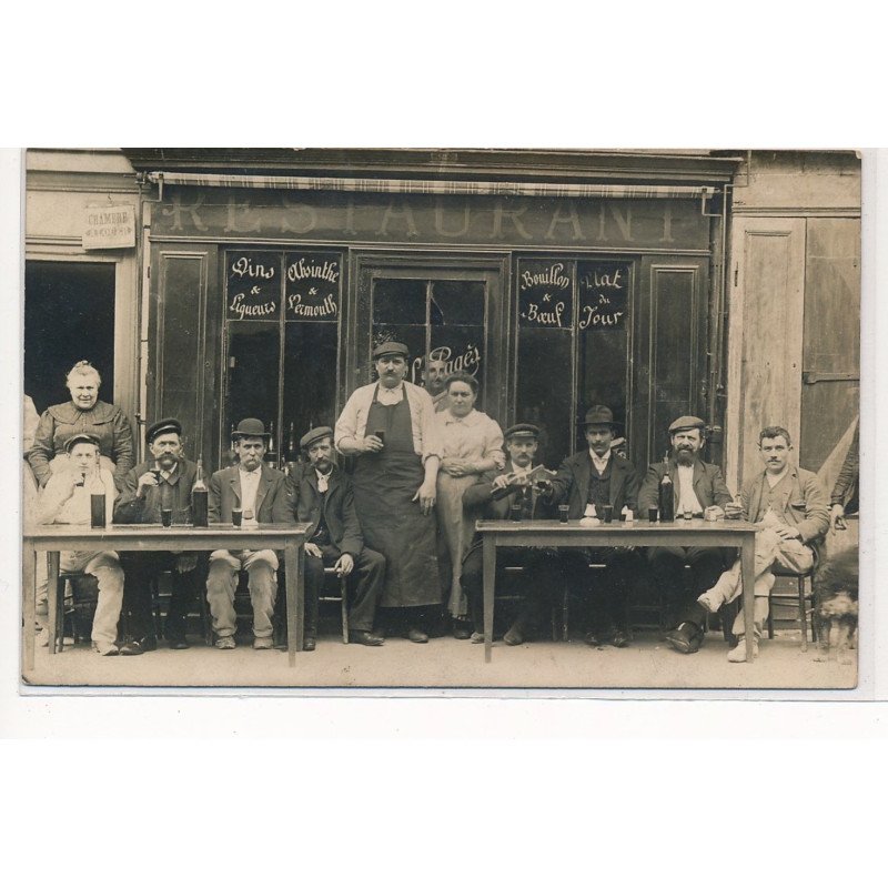 CARTE PHOTO A LOCALISER : paris(?) pages, restaurant vins liqueurs absinthe vermouth, apéro - tres bon etat