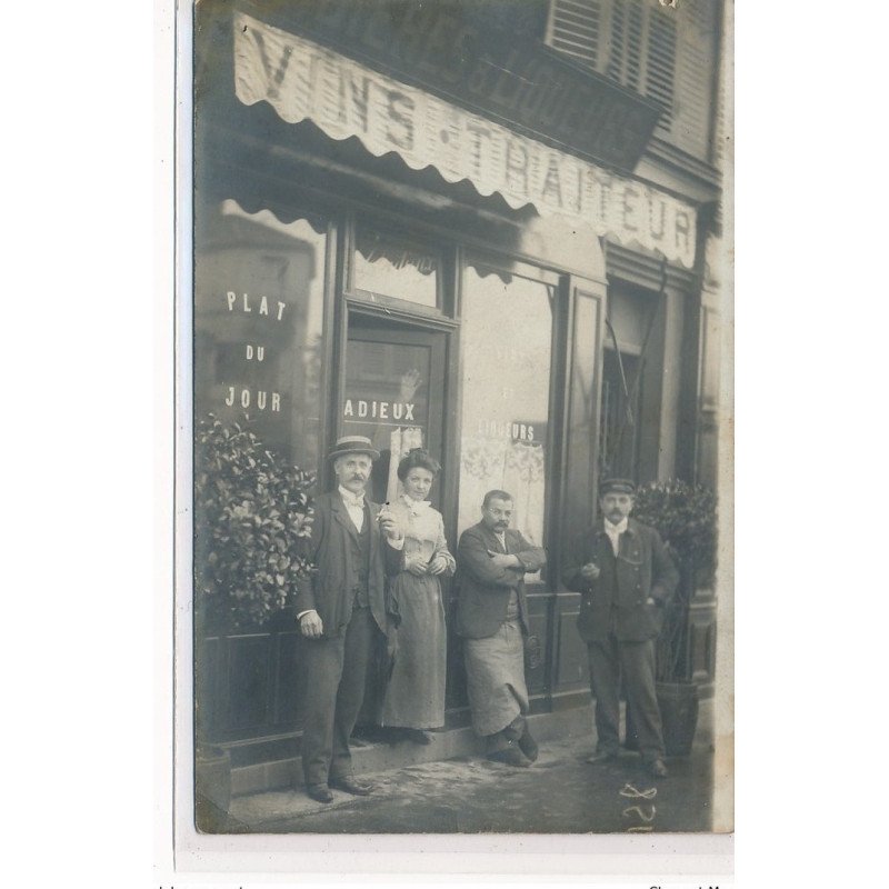 CARTE PHOTO A LOCALISER : paris(?) vins, traiteur, plat du jour Adieux, liqueurs - tres bon etat