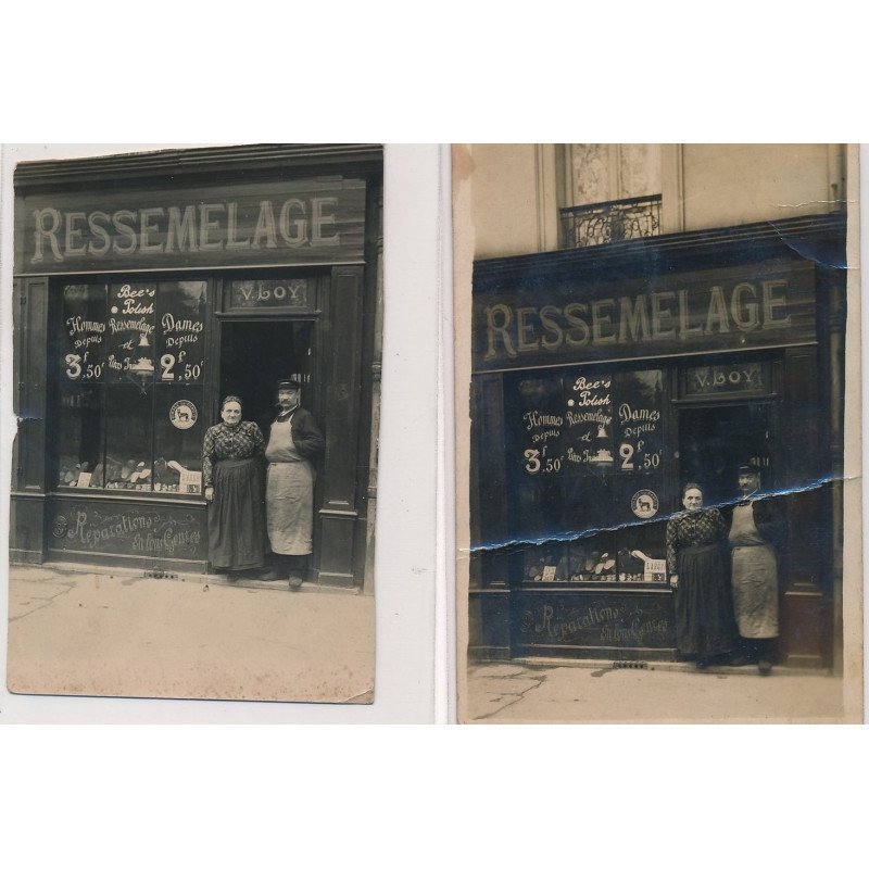 CARTE PHOTO A LOCALISER : paris(?) 1 photo et 1 cpa, ressemelage V. Loy - tres bon etat