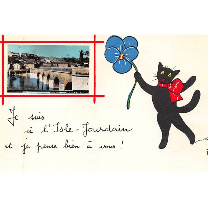 ILLUSTRATEUR RENé - ISLE JOURDAIN - CHAT NOIR : je pense bien a  vous ! - tres bon etat