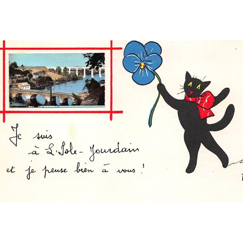 ILLUSTRATEUR RENé - ISLE JOURDAIN - CHAT NOIR : je pense bien a  vous ! - tres bon etat