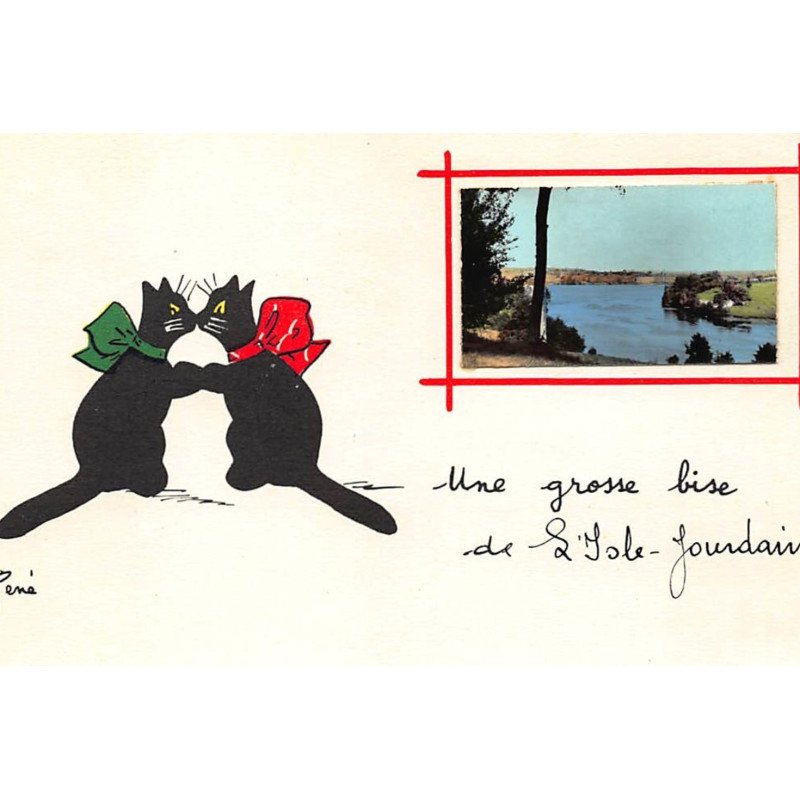 ILLUSTRATEUR RENé - ISLE JOURDAIN - CHAT NOIR : une grosse bise - tres bon etat