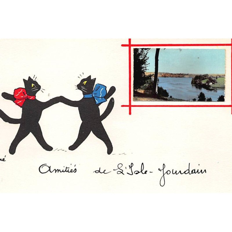 ILLUSTRATEUR RENé - ISLE JOURDAIN - CHAT NOIR : amitiés - tres bon etat