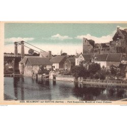 BEAUMONT-sur-SARTHE : pont suspendu, moulin et vieux chateau - tres bon etat