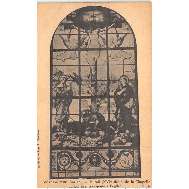 COURDEMANCHE : vitrail XVIe siecle de la chapelle du college, transporté à l'eglise - tres bon etat
