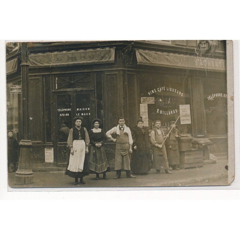 CARTE PHOTO A LOCALISER : paris(?) le maux, 2 billard vins cafe liqueurs tabac - etat