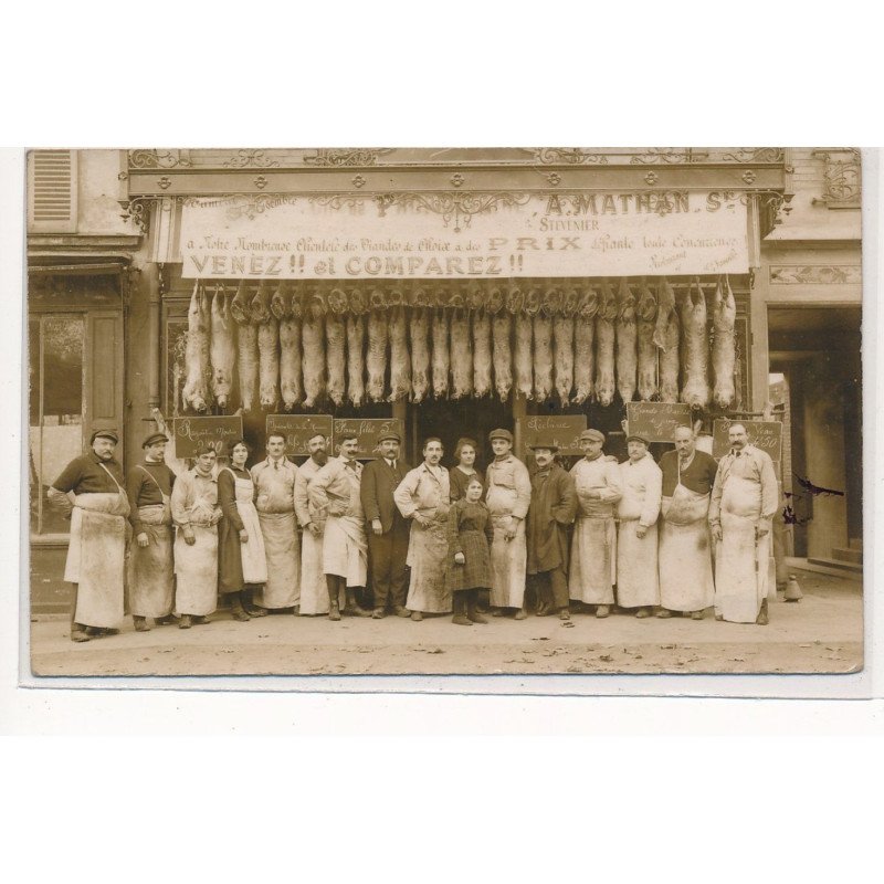 CARTE PHOTO A LOCALISER : paris(?)boucherie mathan stevenier - tres bon etat