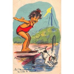 BOURET Germaine : MD 675 - enfant et chien a  la piscine - état