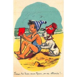 BOURET Germaine : MD série 625 - enfant et chien a  la plage - très bon état