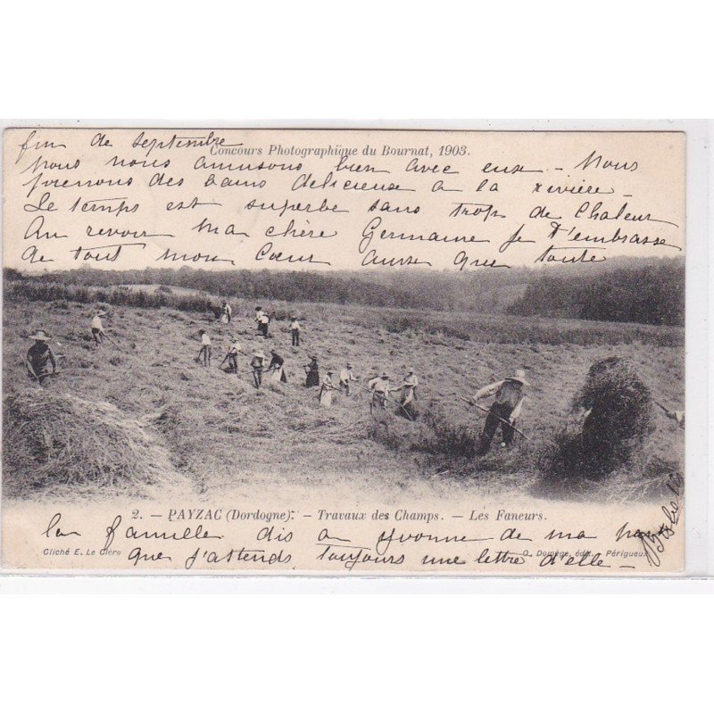 Concours photographique du Bournat en 1903 : PAYZAC - travaux des champs - les faneurs - très bon état