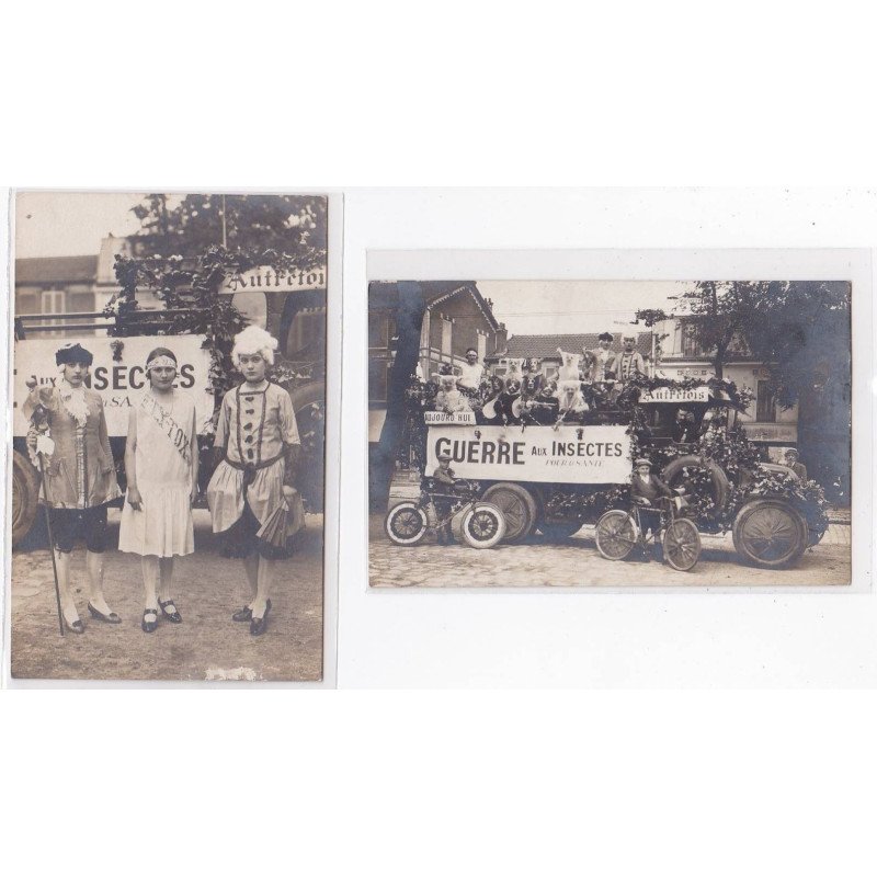 CHAMPIGNY : lot de 2 cartes photos - autobus fleuris (guerre aux insectes !) - très bon état