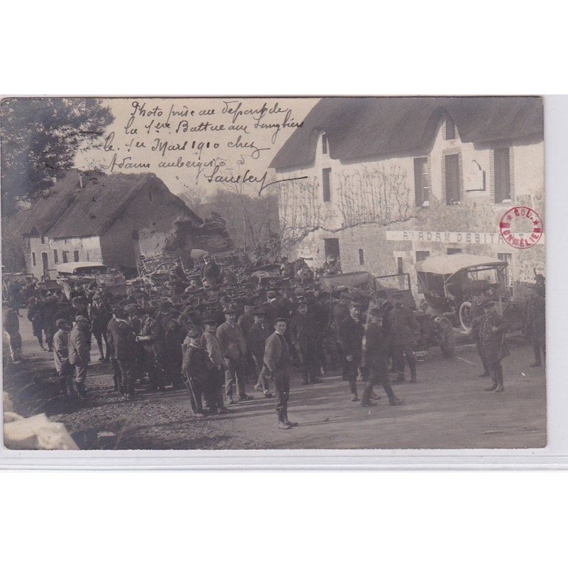 SAUSSEY : carte photo du départ de la 1ère battue au sanglier en 1910 (auberge ADAM débitant) - très bon état