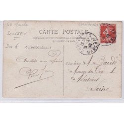 SAUSSEY : carte photo du départ de la 1ère battue au sanglier en 1910 (auberge ADAM débitant) - très bon état