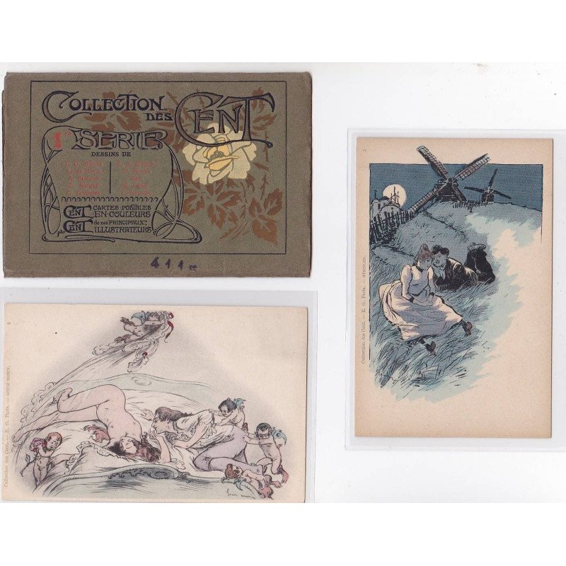 COLLECTION DES CENT : série complète de 10 cpa avec la pochette dont Steinlen, Léandre... - très bon état