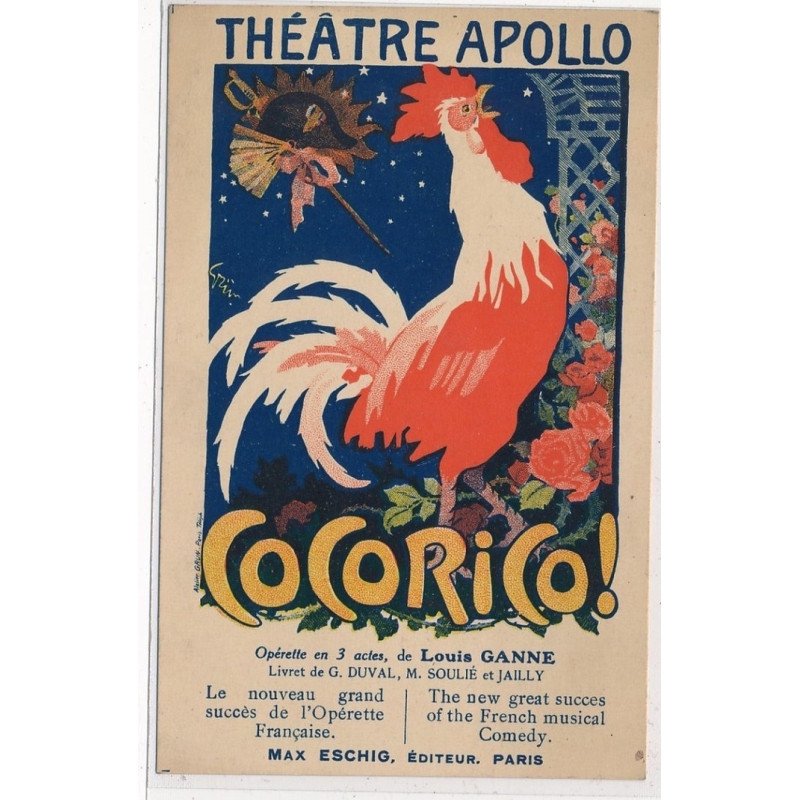 PUBLICITE : theatre apollo cocorico! operette 3 actes louis ganne nouveau grand succes l'operette francaise Grün - etat