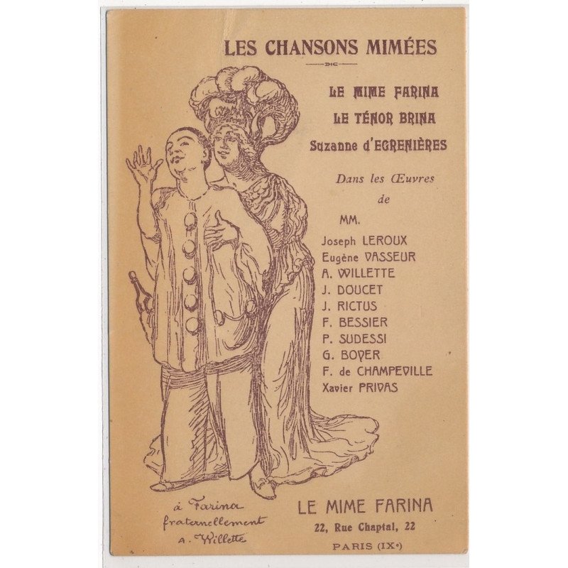 PUBLICITE : les chansons mimées le mime farina le tenor brina suzanne d'egrenieres, autographe, willette - etat