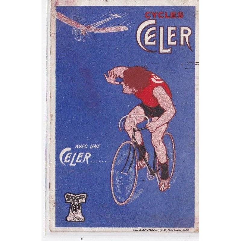 PUBLICITE : carte postales illustrée pour les cycles CELER (aviation - vélo) a  Paris - bon etat