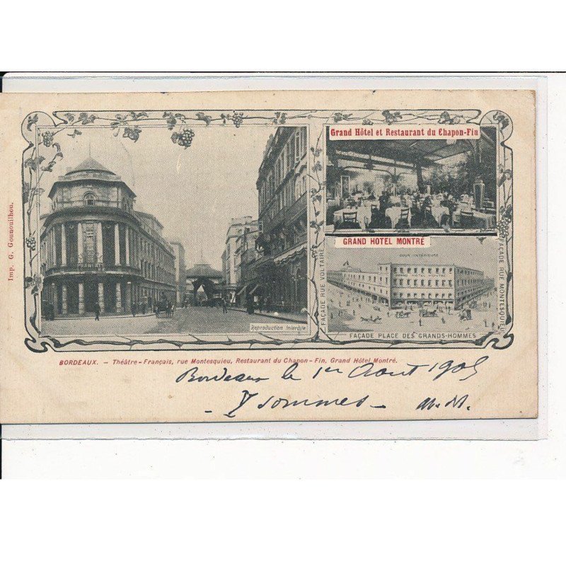 BORDEAUX : Théâtre Français, Grand Hôtel et Restaurant du Chapon-Fin, Façade place des Grands-Hommes - très bon état