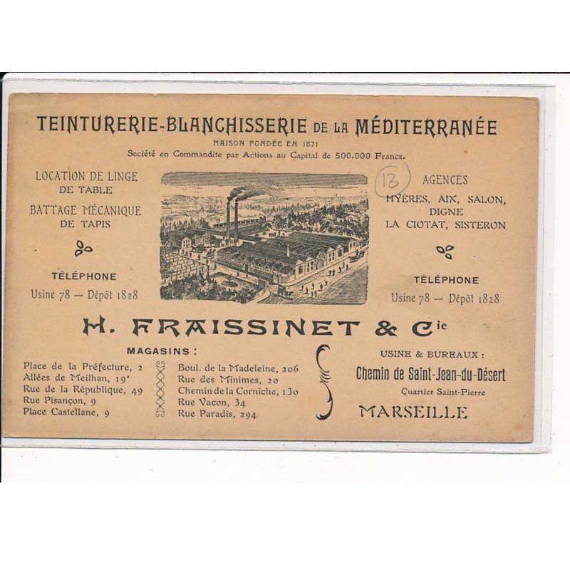 MARSEILLE : Teinturerie Blanchisserie de la Méditerranée, usine & bureaux quartier Saint-Pierre - très bon état