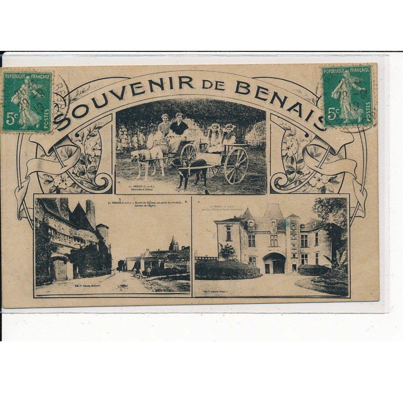 BENAIS : Carte Souvenir, Divers lieux de la Ville, Voiture à Chiens - très bon état