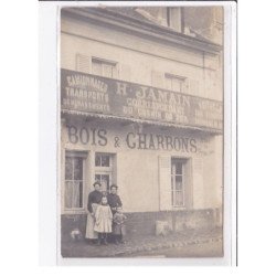 CONFLANS SAINTE HONORINE : carte photo du magasin de bois et charbons JAMAIN (transport) à côté de l'hotel des Voyageurs