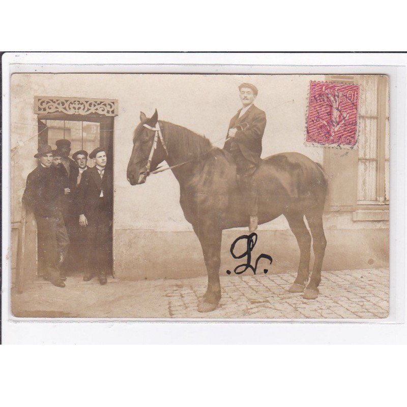 MARINES : carte photo d'un homme à cheval (cachet de départ) - très bon état