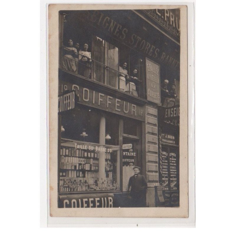 PARIS : carte photo du salon de coiffure FONTAINE (coiffeur) au 12 rue Turbigo (enseignes et stores Bodin - Thuilleaux)