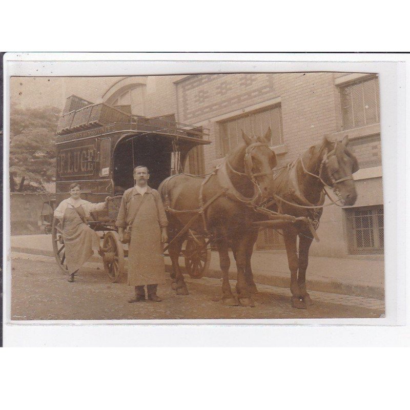 PARIS 18ème : carte photo d'un attelage de livraison de la maison LUCE (épicerie - vins) - très bon état